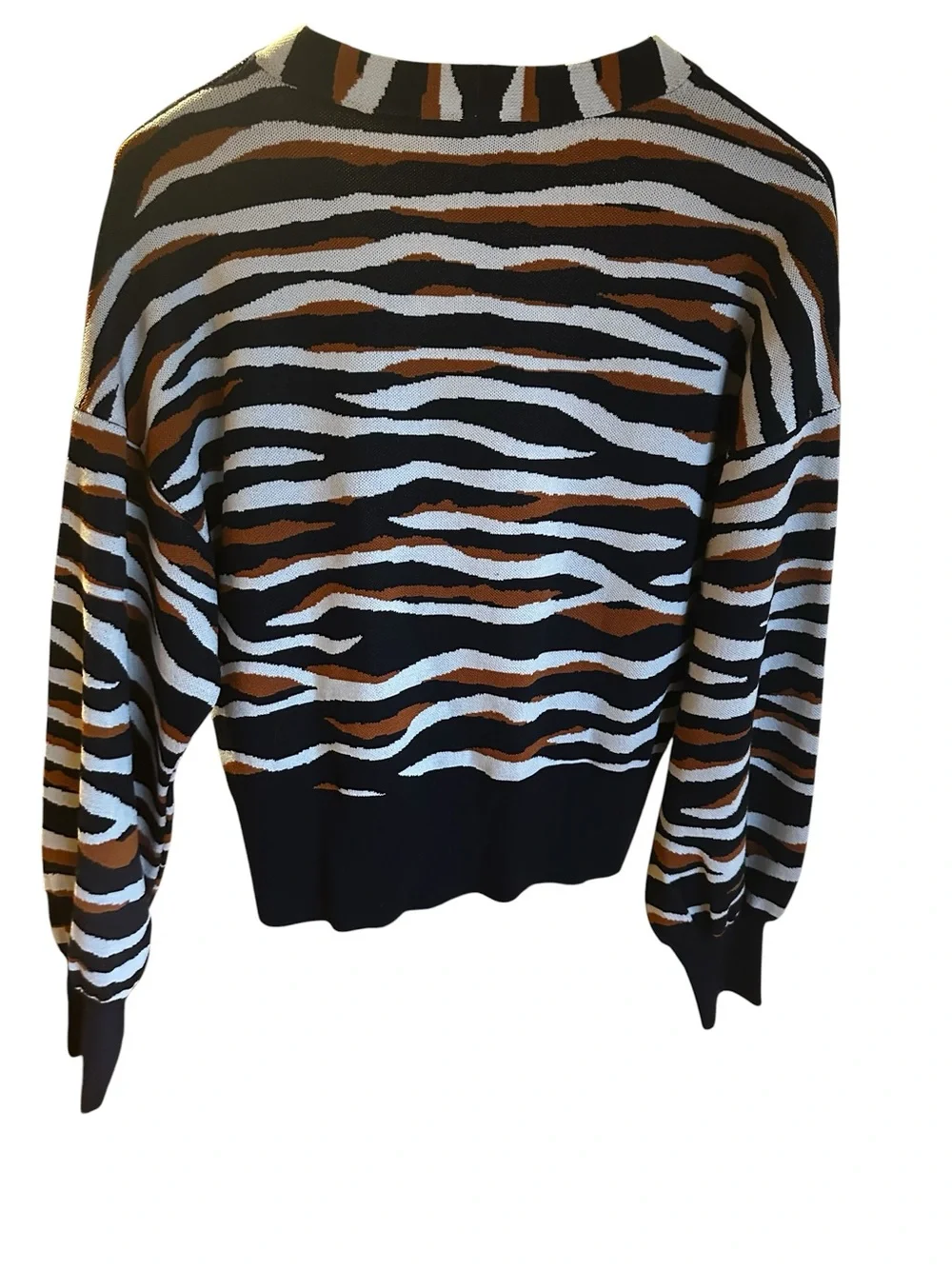 Ann Taylor Navy White Brown Zebra-Print Cropped Cardigan - Picture 3 of 7